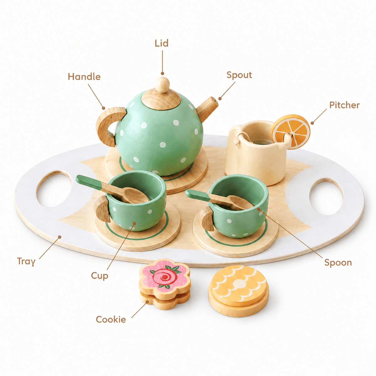 Wooden Tea Set with Tray and Accessories for Pretend Play