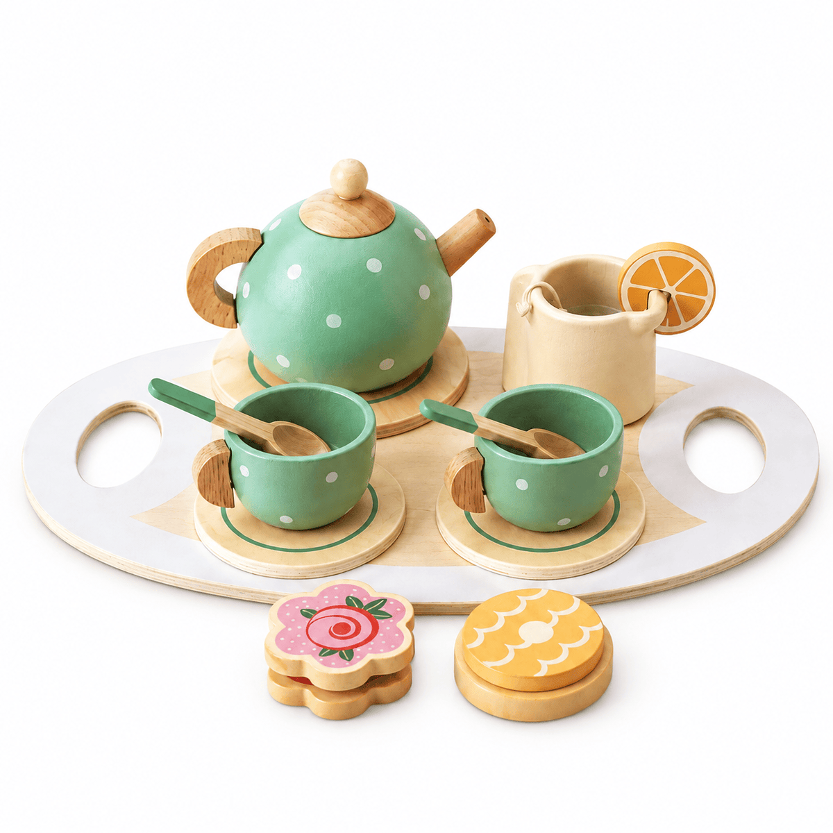 Wooden Tea Set with Tray and Accessories for Pretend Play