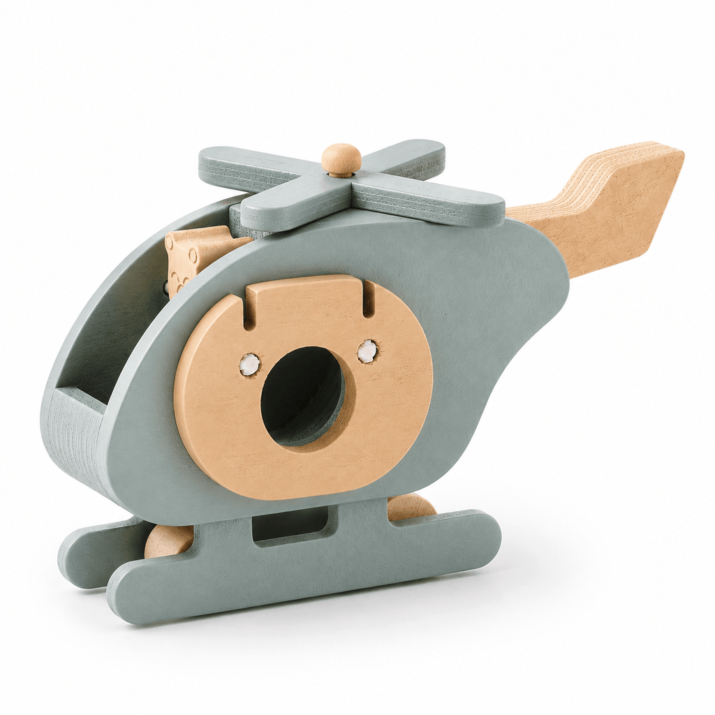 Wooden Toy Helicopter with Bear Figure for Pretend Play