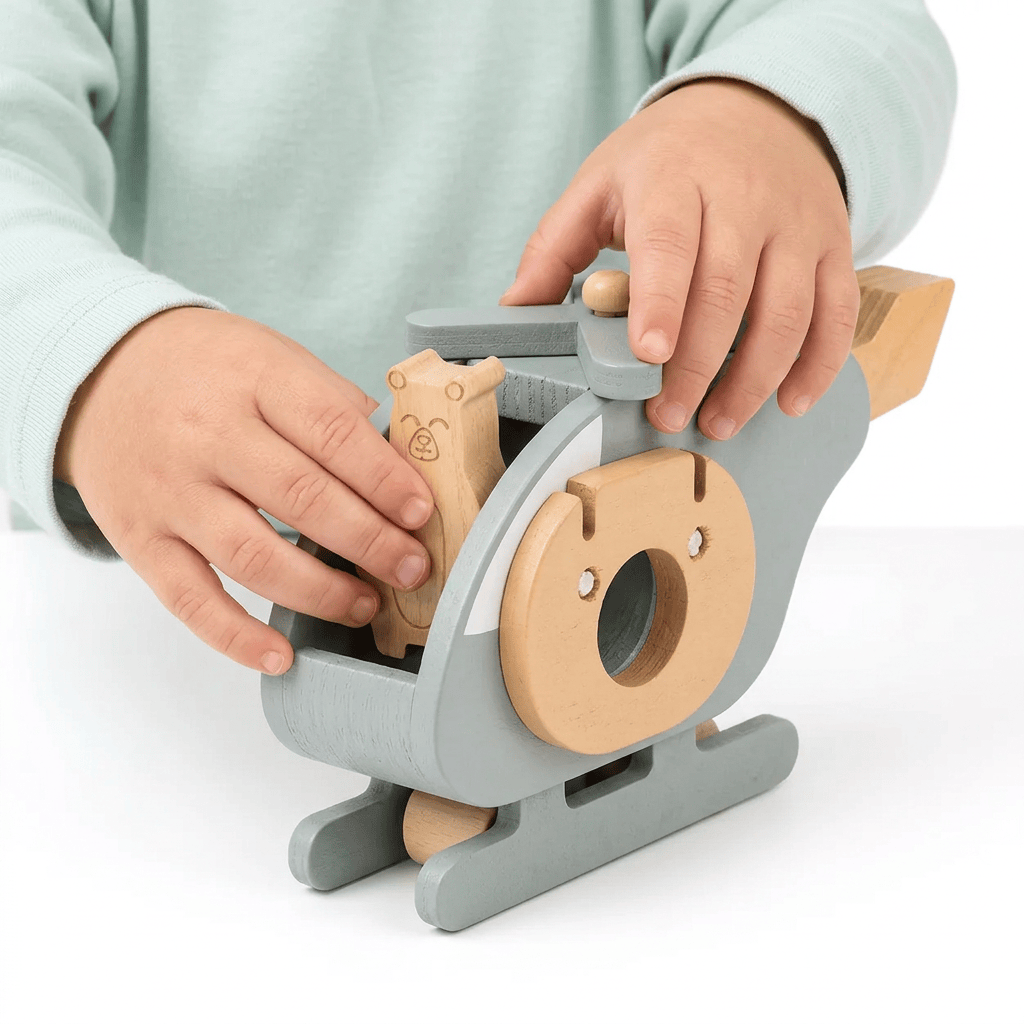 Wooden Toy Helicopter with Bear Figure for Pretend Play