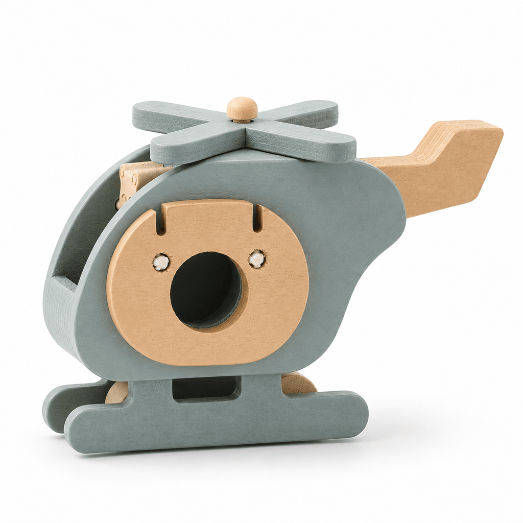 Wooden Toy Helicopter with Bear Figure for Pretend Play