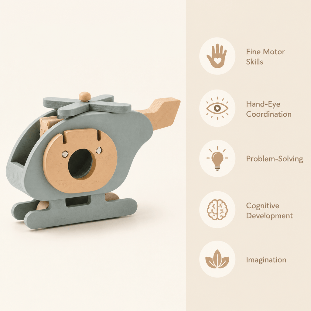 Wooden Toy Helicopter with Bear Figure for Pretend Play