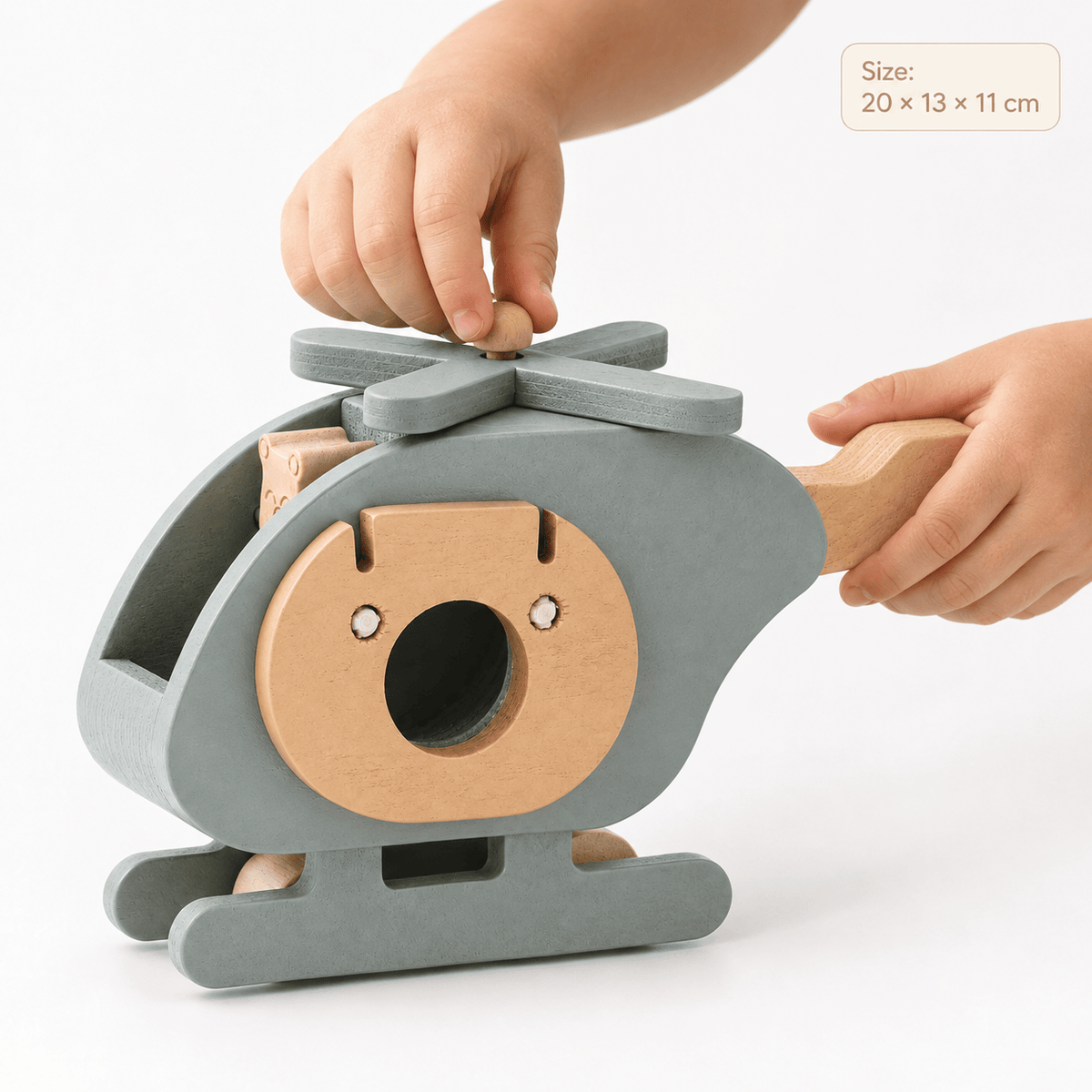Wooden Toy Helicopter with Bear Figure for Pretend Play
