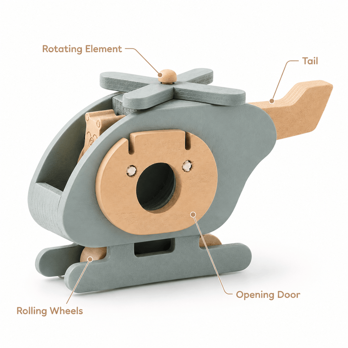 Wooden Toy Helicopter with Bear Figure for Pretend Play